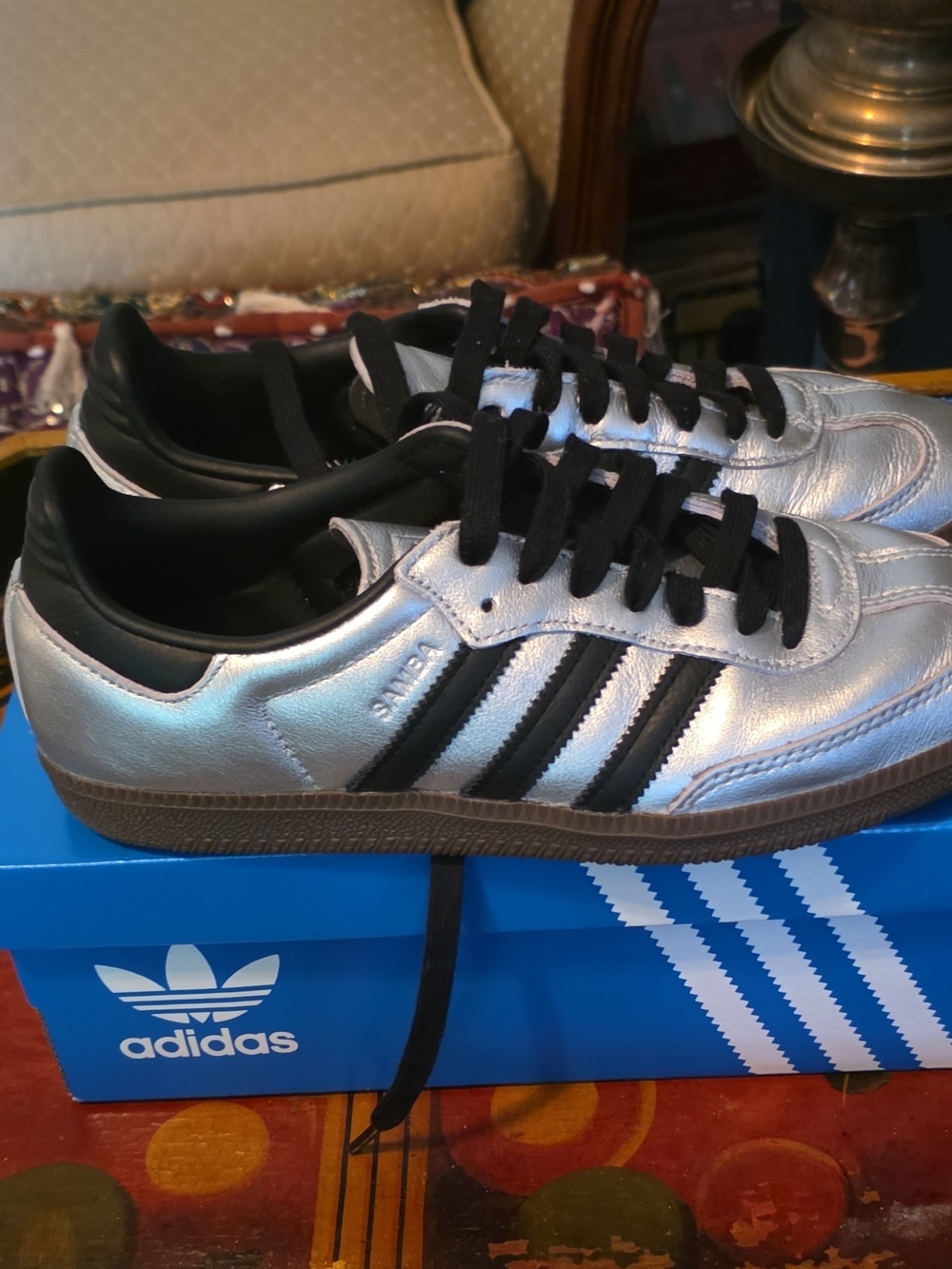 adidas Silver Samba Sneakers with Black Stripes